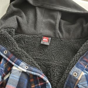 Quiksilver Black-Sherpa Hooded Plaid Jacket with Blue/Tan/Red Accents